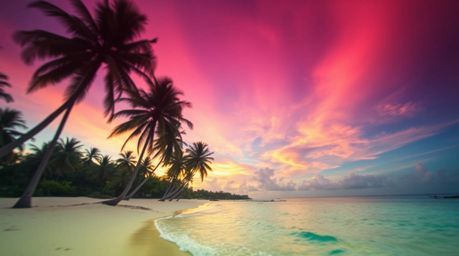 Capture the essence of paradise with this high-resolution stock photo of a tropical sunset beach. Swaying palm trees and a so