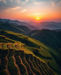 This stunning bird's-eye view photograph showcases a spectacular sunset over terraced tea plantations, brought to life with e
