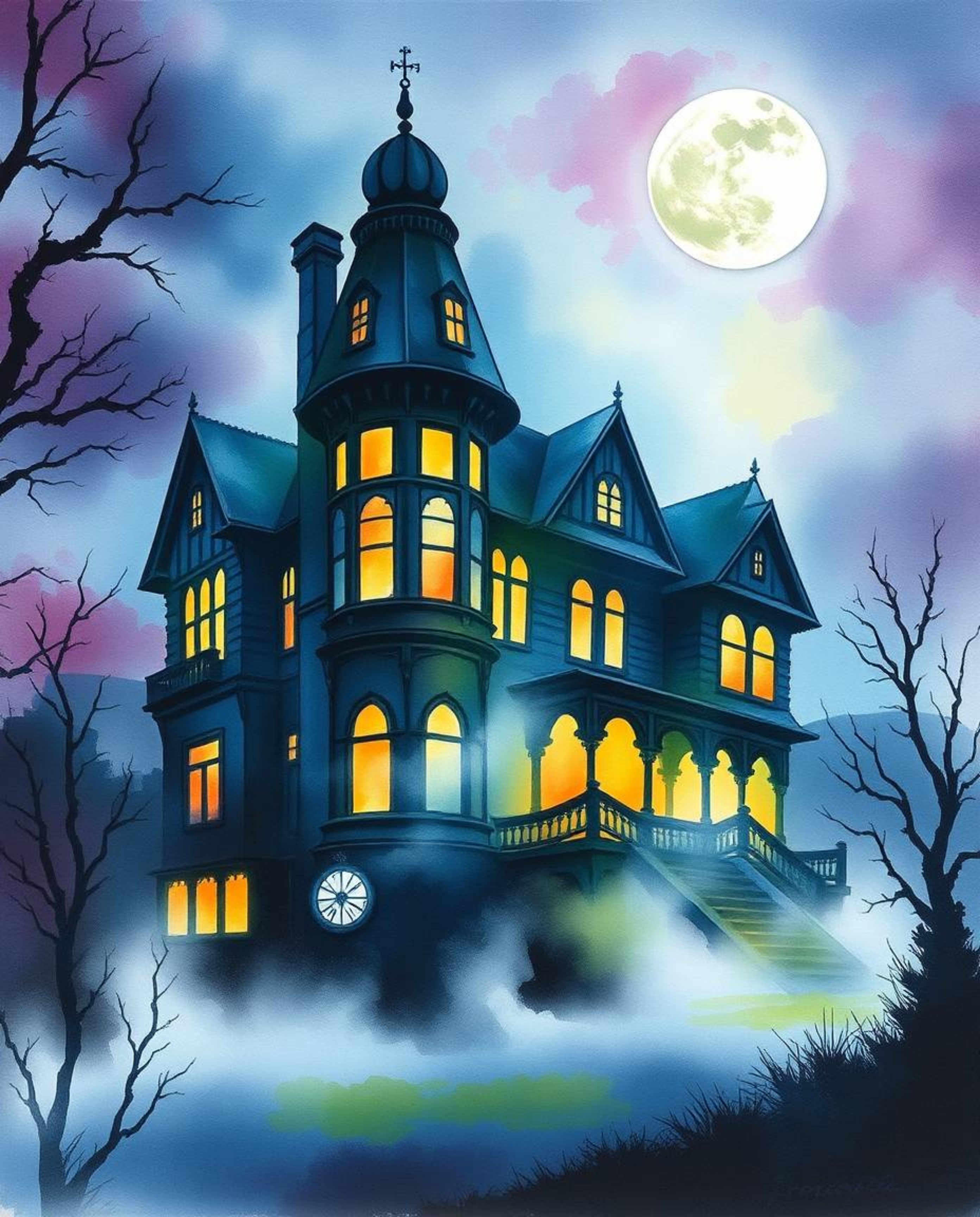 A captivating watercolor painting depicts a fog-laden Victorian mansion bathed in ethereal moonlight. The artwork employs vib