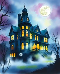 A captivating watercolor painting depicts a fog-laden Victorian mansion bathed in ethereal moonlight. The artwork employs vib