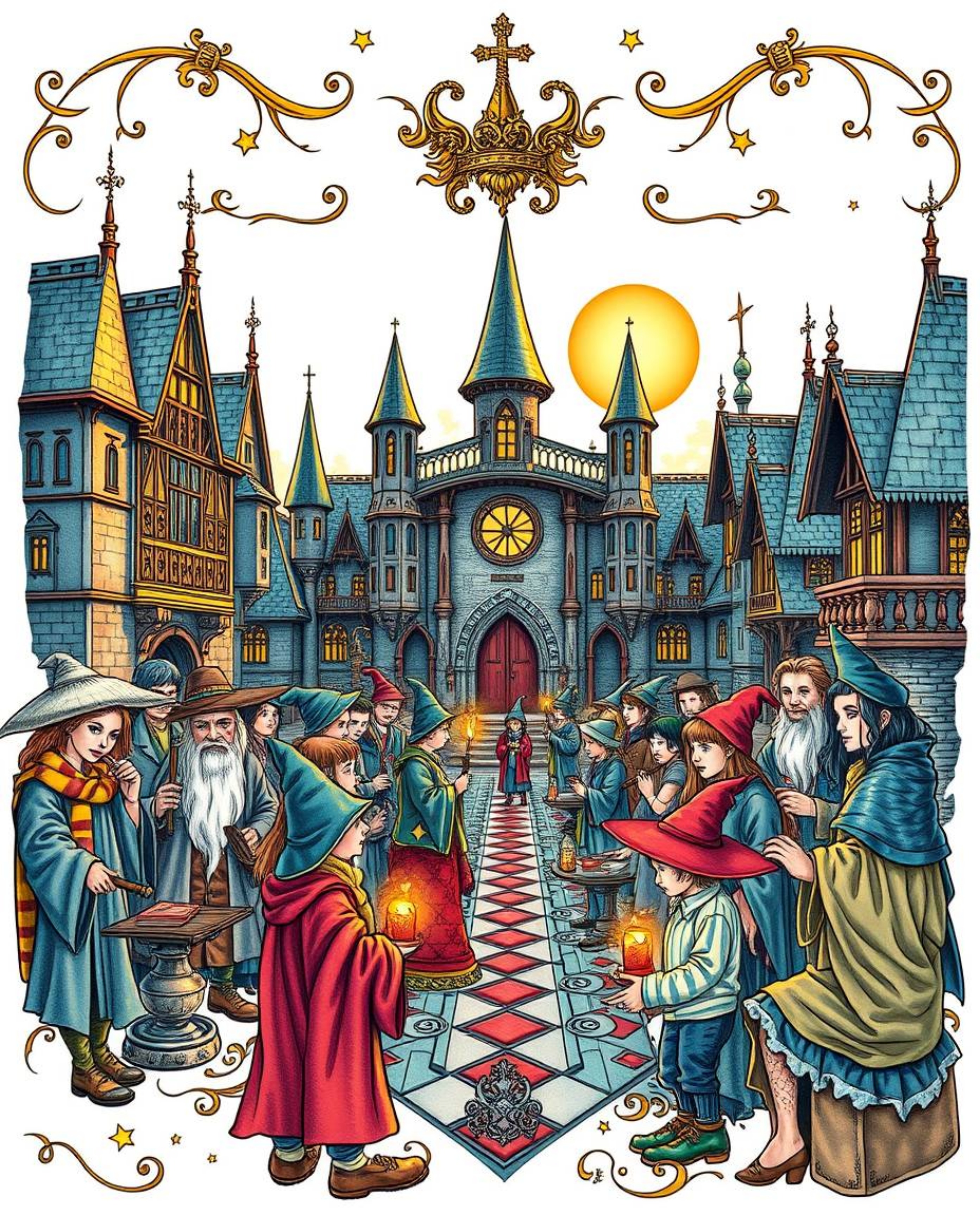 Explore a magical school teeming with young wizards, rendered in a captivating traditional tattoo style. This artwork feature