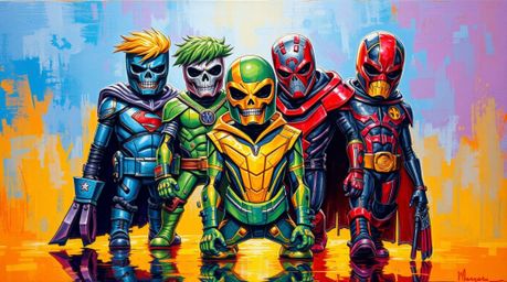 This bold acrylic painting depicts a team of misfit heroes, united in vibrant color and texture. Iridescent paints create ref