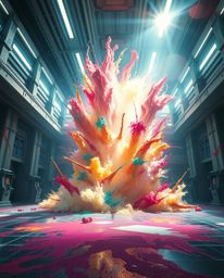 Witness a grand and epic scene unfold within a modern, futuristic room as it explodes with vibrant paint. The composition fea