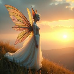 A captivating image of a slender, agile half-human, half-fae creature silhouetted against a breathtaking sunset. Bathed in go