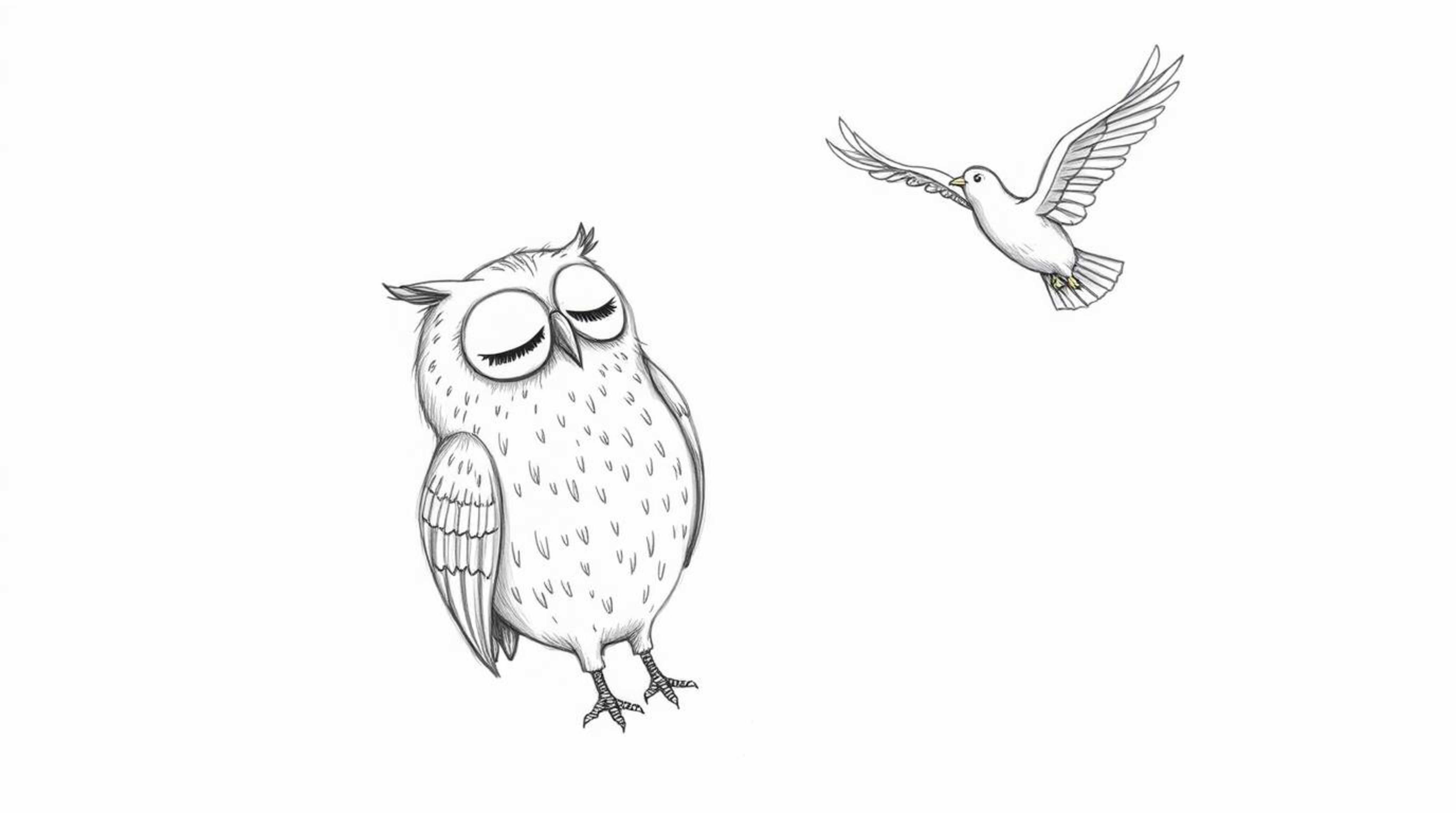 A charming hand-drawn sketch in the style of Pixar depicts a blind owl, eyes closed, patiently teaching birds to fly.  The ro