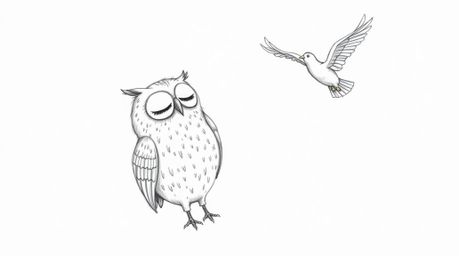 A charming hand-drawn sketch in the style of Pixar depicts a blind owl, eyes closed, patiently teaching birds to fly.  The ro