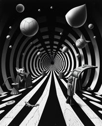 Explore a dreamlike realm of surreal imagery featuring a captivating black and white geometric pattern in an optical illusion
