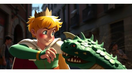 A captivating street photography scene depicts a charming prince with rosy cheeks and blonde hair locked in a fierce battle w