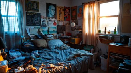 An image depicting a messy, yet intriguing bedroom overflowing with bizarre gadgets and vibrant posters, bathed in the ethere
