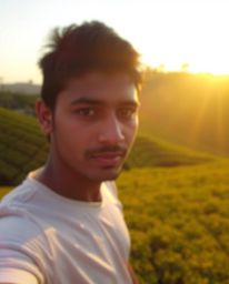 A stunning photograph capturing a sunset over terraced tea plantations, bathed in the warm glow of the golden hour. The image