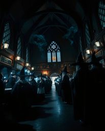 Immerse yourself in a world of enchantment with a magical school teeming with young wizards.  Captured from a low angle persp