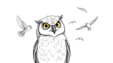 A charming hand-drawn sketch in Pixar style depicts a blind owl with luminous feathers bathed in a sunbeam, patiently guiding