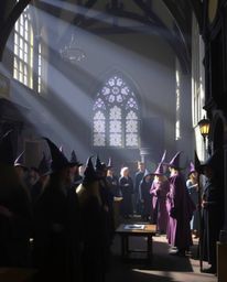 Explore a magical school where young wizards hone their skills, bathed in a gentle, soft light. Diffused shadows dance across