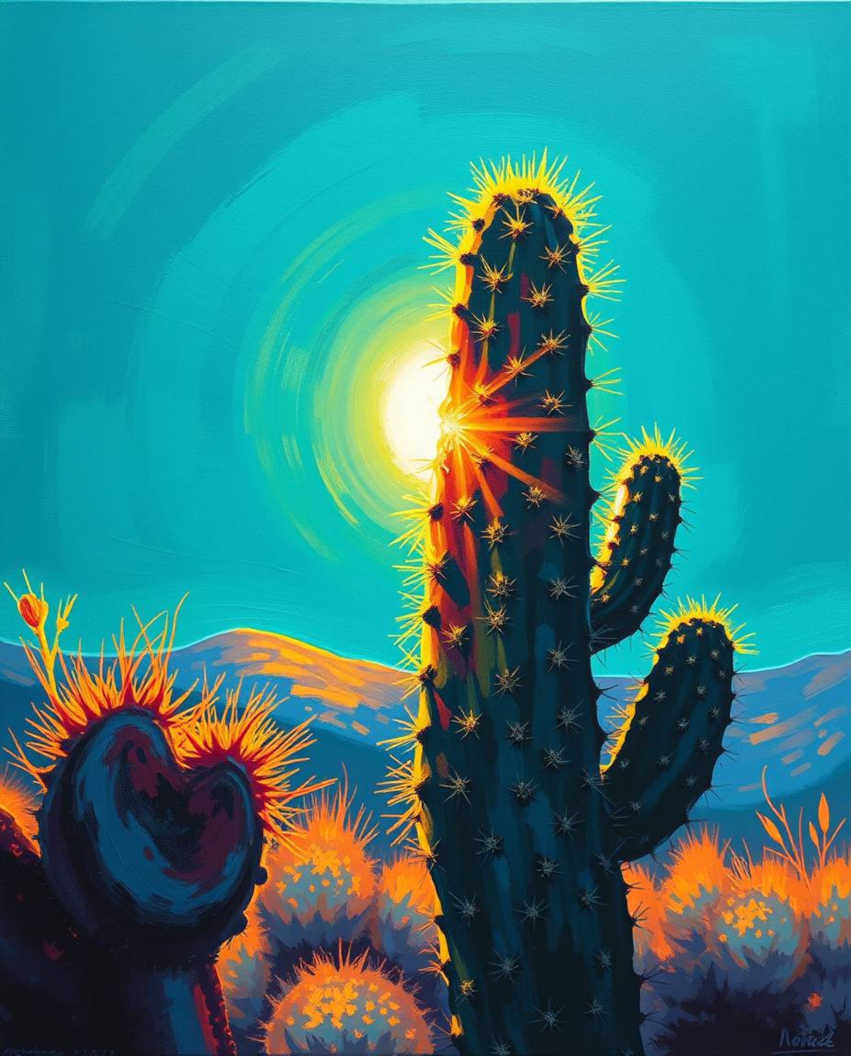 Experience the luxurious and vibrant feel of a bold acrylic painting depicting a desert cactus glowing in the sun's last rays
