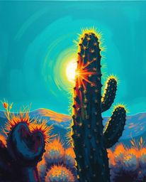 Experience the luxurious and vibrant feel of a bold acrylic painting depicting a desert cactus glowing in the sun's last rays