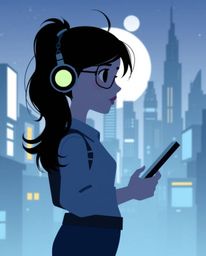 A captivating illustration showcases a young inventor girl silhouetted against the backdrop of a futuristic city.  Rendered i