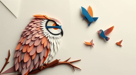 An intricate origami-style illustration featuring a blind owl, reminiscent of Pixar's aesthetic, gently whispers encouragemen