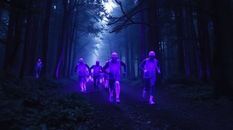 Experience a thrilling chase through a looping forest backdrop, where figures radiate in mesmerizing shades of vivid purples 