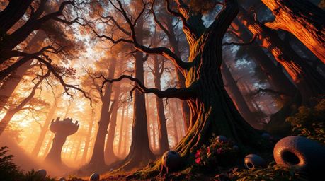 Experience a surreal, dreamlike forest bathed in the warm glow of the golden hour. This low-angle perspective showcases risin