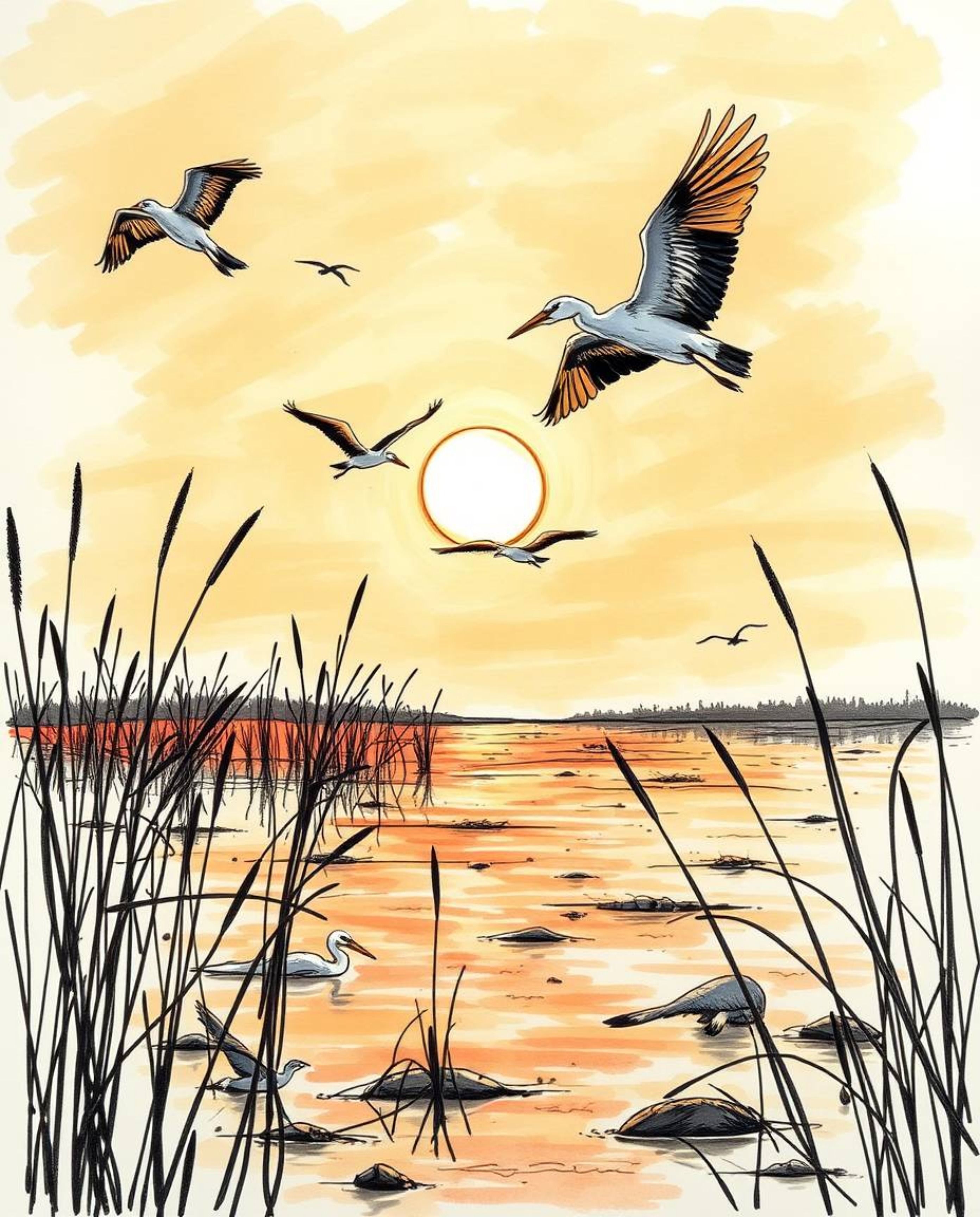 A low-angle, hand-drawn sketch in a color sketchnote style, depicting a dramatic golden hour scene in the wetlands. The persp