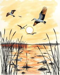 A low-angle, hand-drawn sketch in a color sketchnote style, depicting a dramatic golden hour scene in the wetlands. The persp