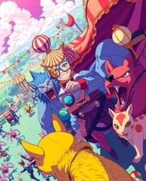 Experience a unique Isekai adventure with a high-angle anime-style illustration showcasing a vibrant carnival overrun by wild