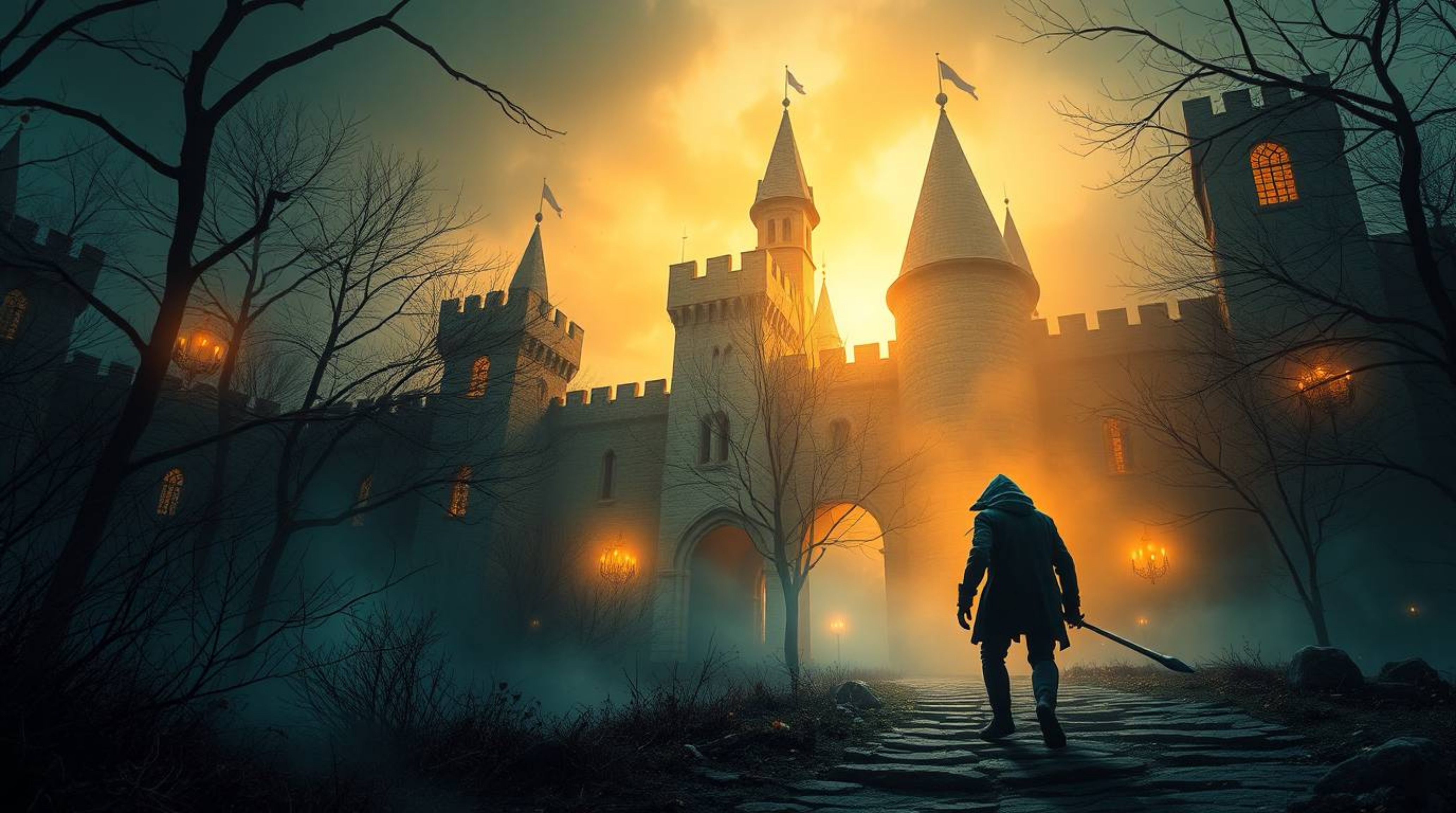 Capture the thrill of a thief sneaking into a heavily guarded castle in this high-resolution stock photo. The warm golden glo
