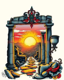 This is a traditional tattoo art print depicting a sunset casting shadows through ancient stone ruins. It features vibrant co