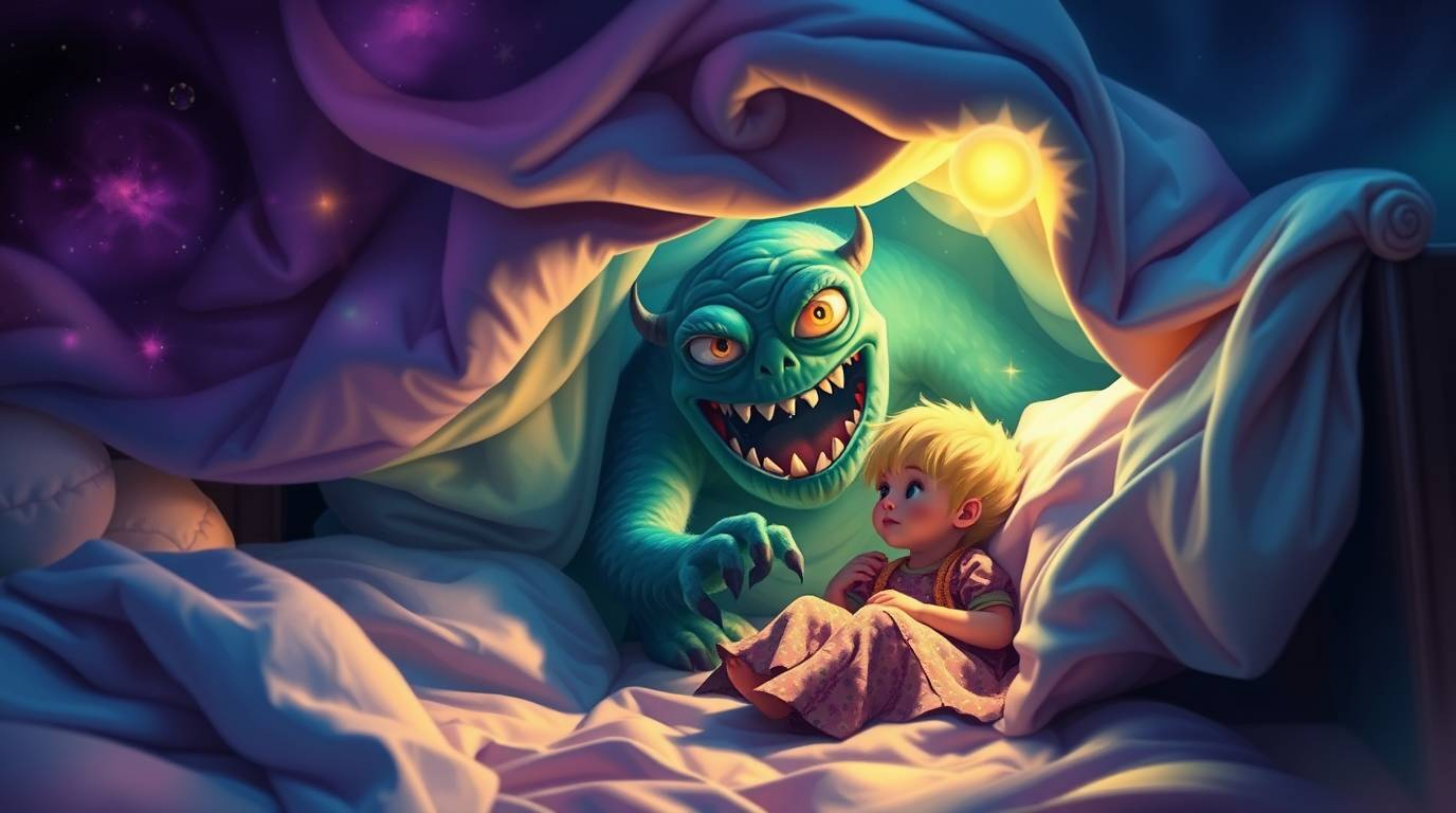 This artwork captures an ethereal spiritual vibe with vibrant, complementary colors depicting a heart-warming scene: a monste