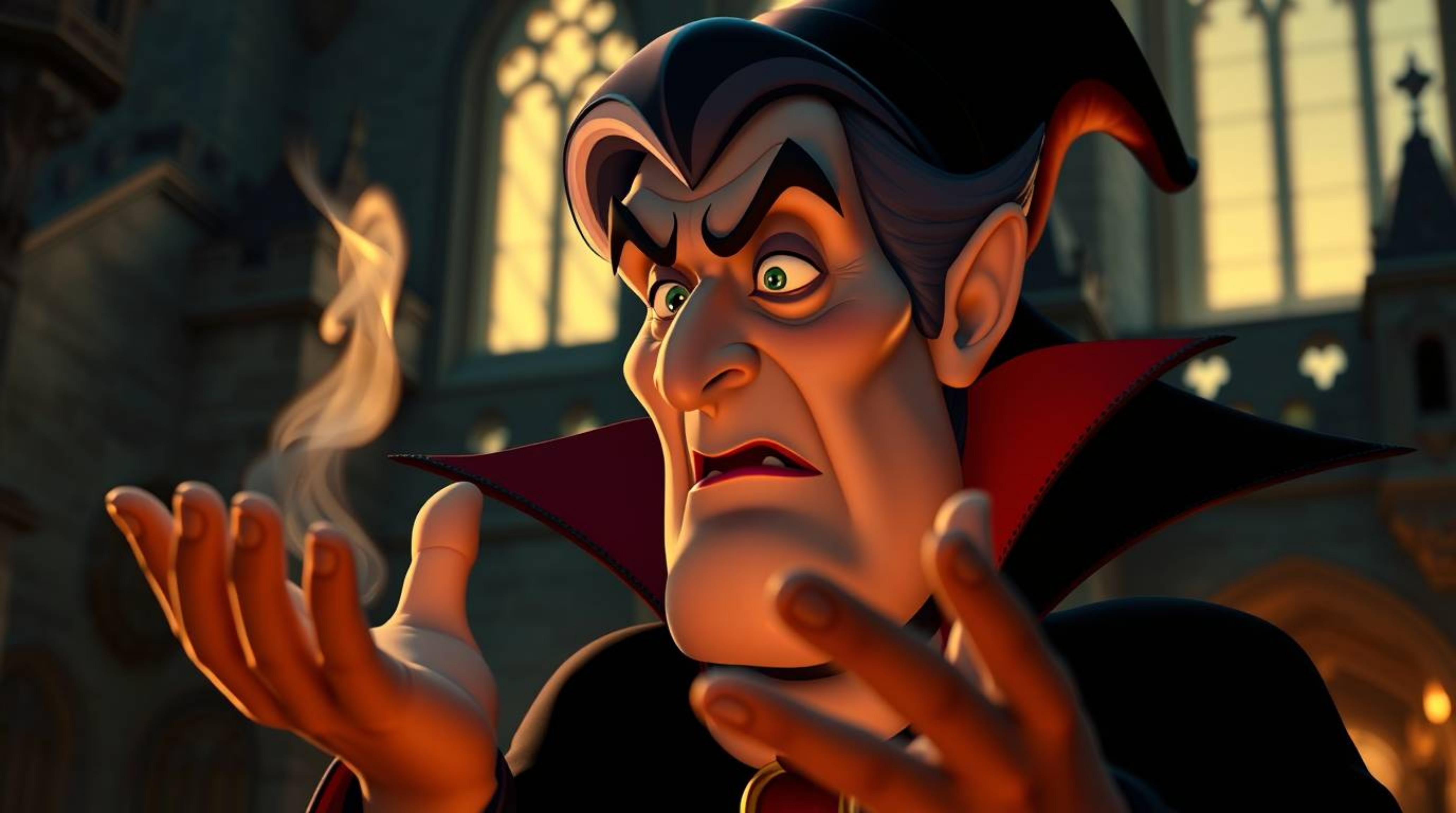A captivating high-resolution stock photo depicts a classic Disney villain with elegant features, casting a spell within the 