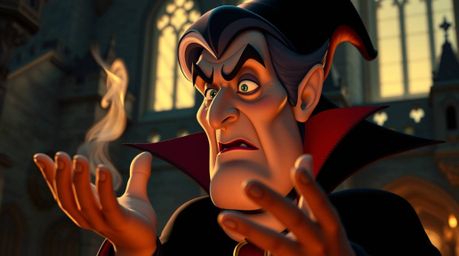 A captivating high-resolution stock photo depicts a classic Disney villain with elegant features, casting a spell within the
