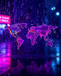 A captivating abstract artwork featuring deep ultraviolet hues and a wet rainy scene, where bright colorful splashes dynamica