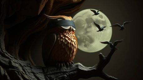 Explore a stunning layered papier-mâché art piece featuring a blind owl, rendered in a Pixar-inspired style, teaching birds t