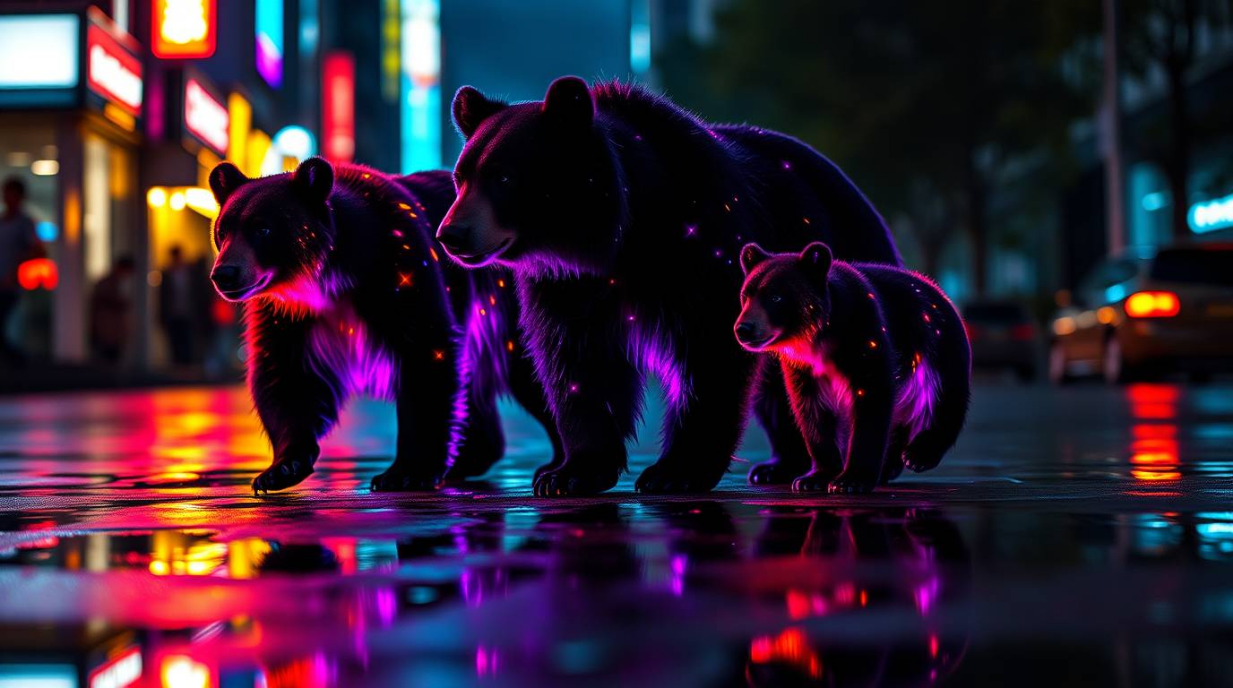 Experience a mesmerizing urban adventure with a bear family bathed in bioluminescent and iridescent colors. This captivating 