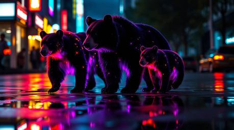 Experience a mesmerizing urban adventure with a bear family bathed in bioluminescent and iridescent colors. This captivating 