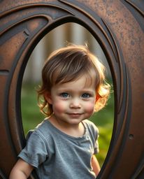 A curious child with rosy cheeks stumbles upon a mesmerizing bronze portal shimmering in their backyard. Bathed in soft, dif