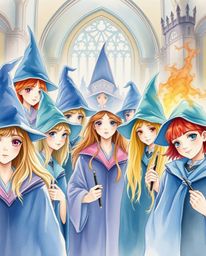 A delicate watercolor painting depicts a magical school brimming with young wizards. Rendered with translucent washes and flu