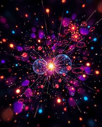 A captivating light art piece depicts the charming collision of galaxies in a vibrant cosmic explosion.  Artistic lighting an