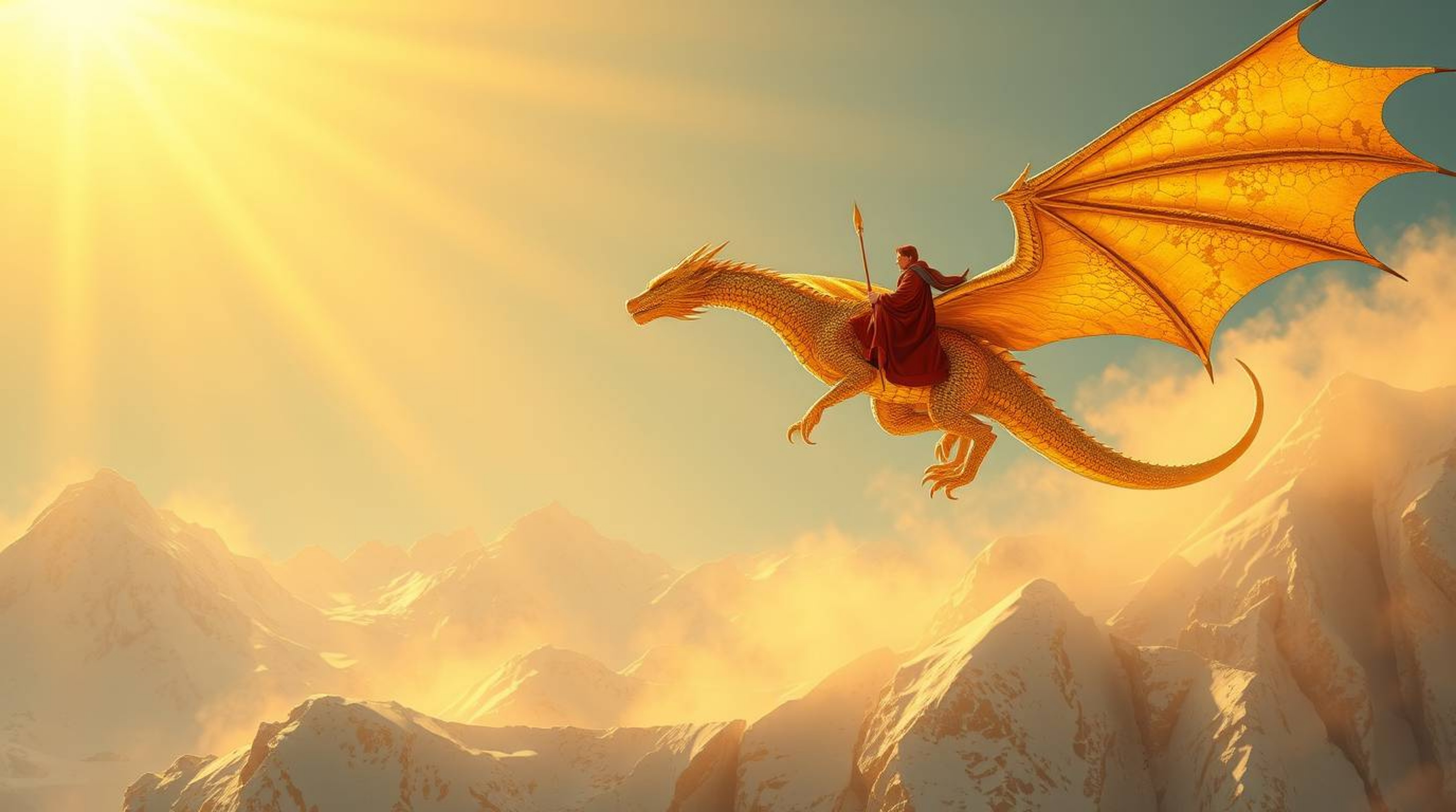 A majestic dragon and its rider, adorned in golden scales and flowing robes, soar through a breathtaking landscape of icy pea