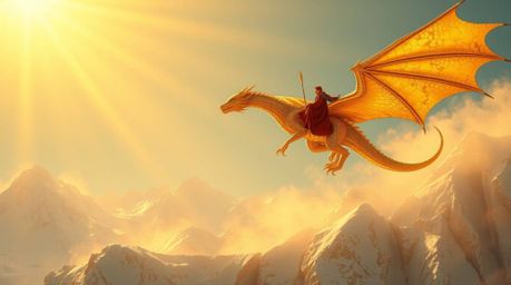A majestic dragon and its rider, adorned in golden scales and flowing robes, soar through a breathtaking landscape of icy pea