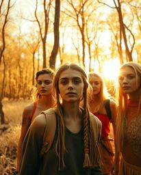 A captivating surreal infrared image depicts a group of friends with distinct features and attire exploring a sun-dappled for