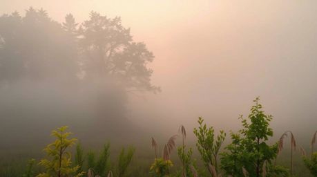 Experience the tranquility of an adorable and charming forest scene bathed in the golden hour light. Mist delicately rises, c