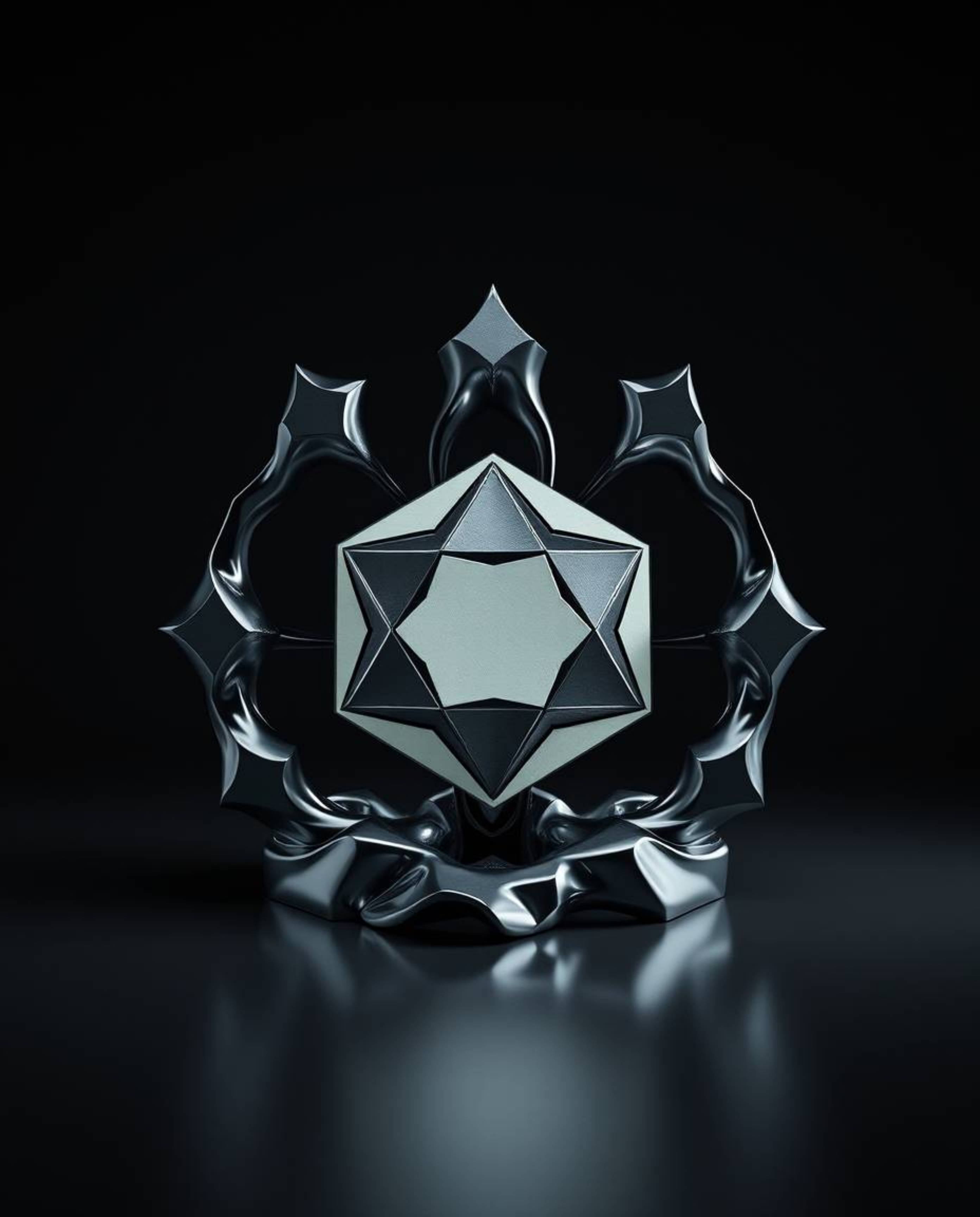 This logo concept features a sculptural 3D mercury form with a reflective surface and geometric shapes, creating an unsettlin