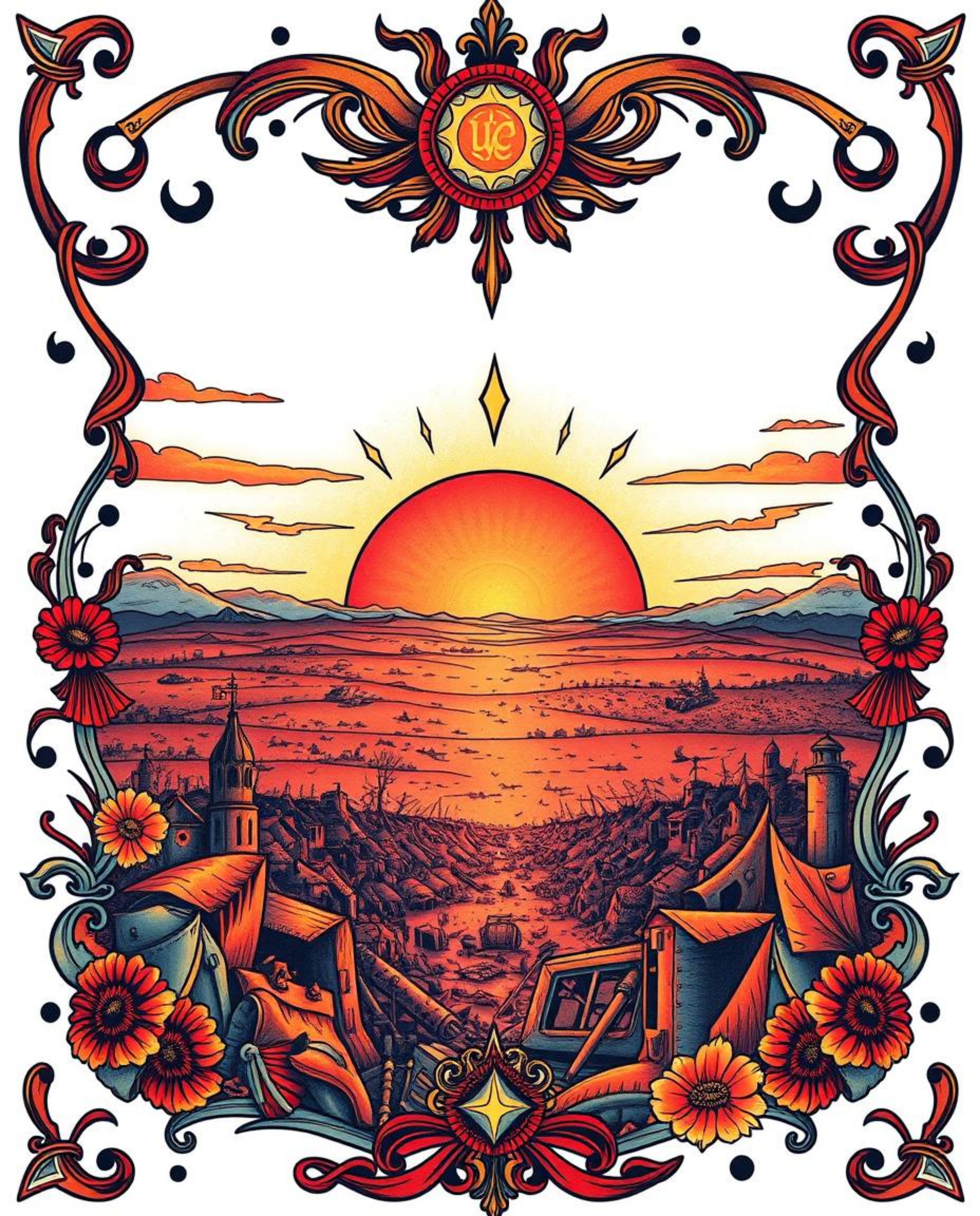 A stunning traditional tattoo art print depicts a vibrant sunrise over a war-torn landscape, viewed from a bird's-eye perspec