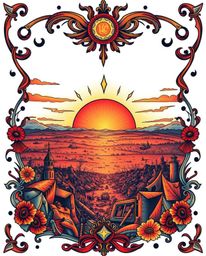 A stunning traditional tattoo art print depicts a vibrant sunrise over a war-torn landscape, viewed from a bird's-eye perspec