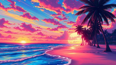 Experience the mesmerizing beauty of a tropical beach sunset rendered in a vibrant Isekai anime style.  Palm trees sway gentl