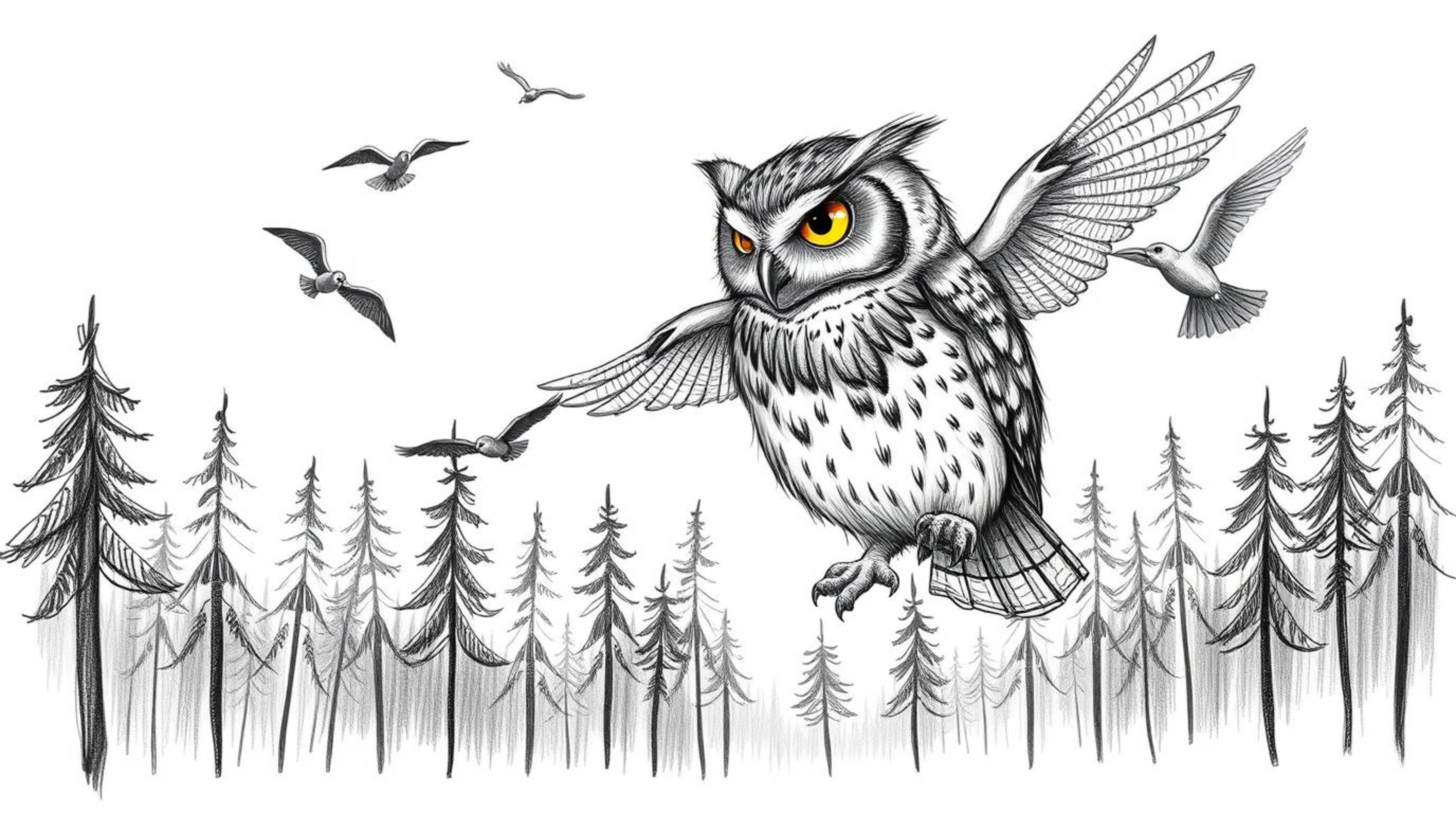 A heartwarming hand-drawn sketch depicts a blind owl, rendered with textured pencil strokes, patiently teaching diverse birds