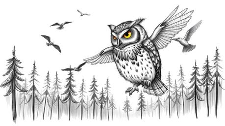 A heartwarming hand-drawn sketch depicts a blind owl, rendered with textured pencil strokes, patiently teaching diverse birds