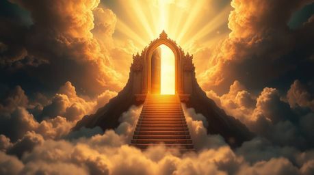 A captivating fantasy realism image showcases a heavenly gate floating above ethereal clouds.  Golden light streams down from