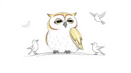 A charming hand-drawn sketch in the style of Pixar depicts a blind owl with soft, rounded features and light brown plumage pe